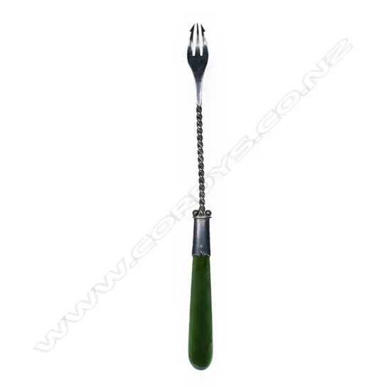S.H. Drew (Wanganui) silver and greenstone pickle fork,
